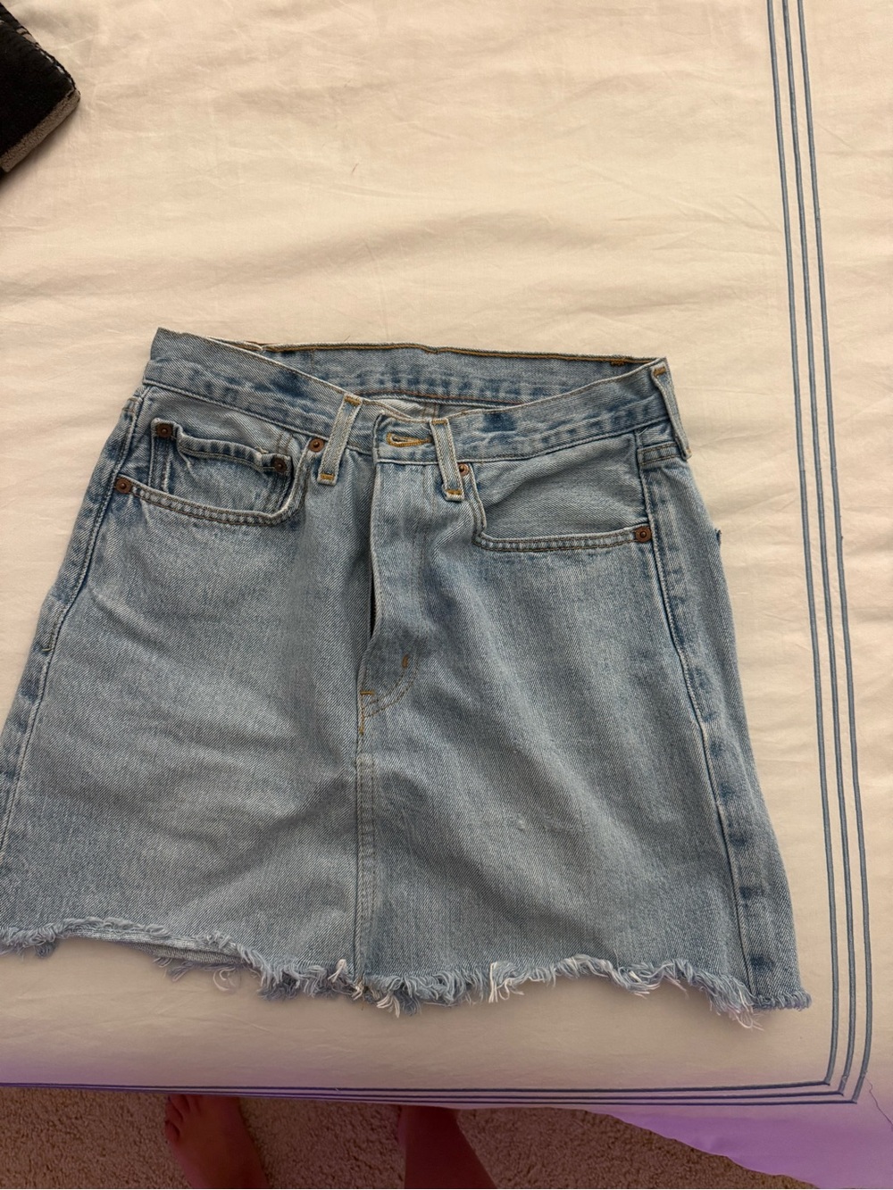 Light Blue Denim Mini Skirt - Casual Frayed Hem